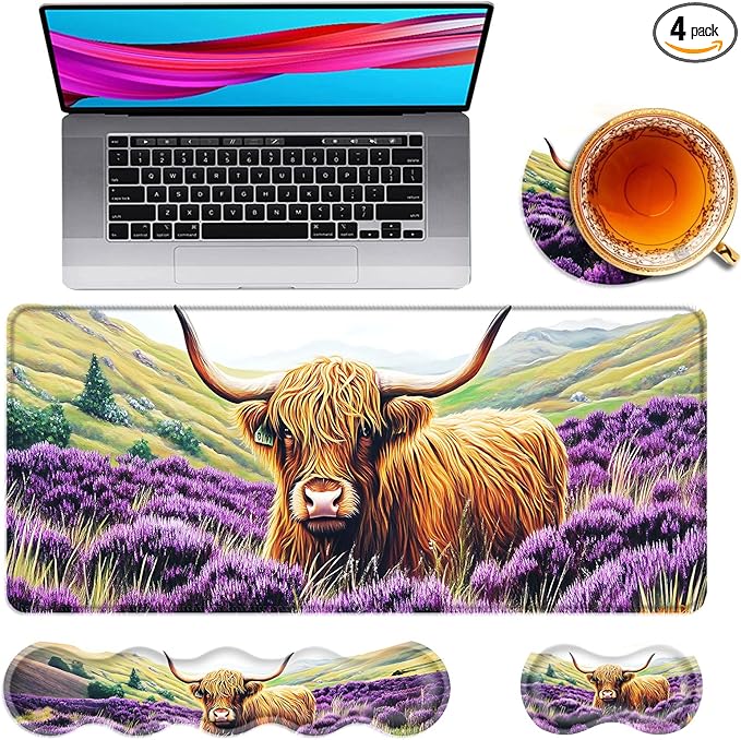 Large Mouse Pad and Keyboard Wrist Rest Desk Pad for Keyboard and Mouse 4-in-1 Large Gaming Mouse Pad with Wrist Support Desk Mat for Home Office Study GameCute Highland Cow