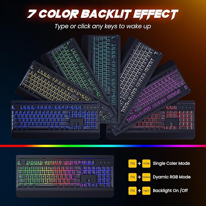 RisoPhy Wireless Gaming Keyboard and Mouse Combo Metal Panel 7 Color Backlits Rechargeable 3200 mAh Battery Wrist Rest Sleep Mode Light Up Keyboard + 7D 3200DPI Gaming Mice for PC Gamer