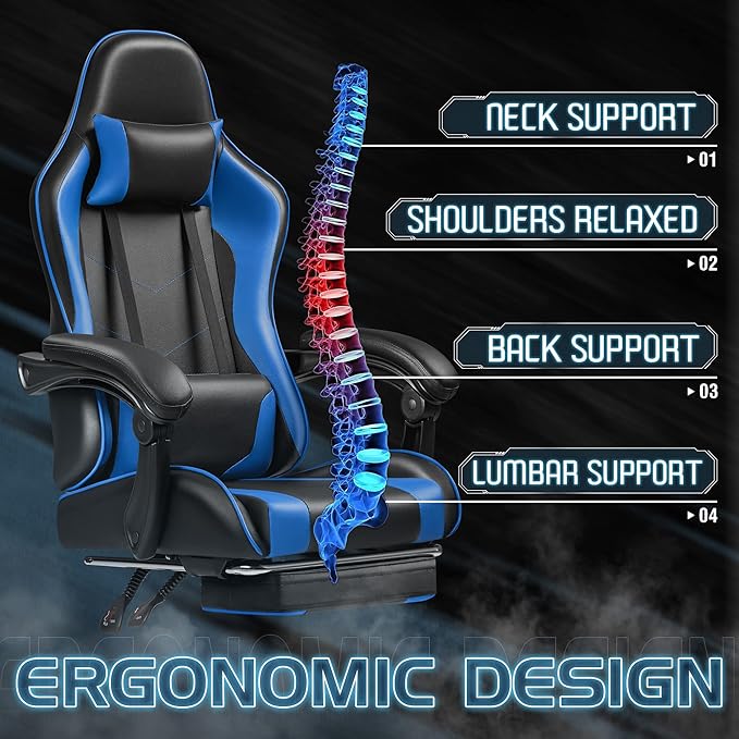 Homall Gaming Chair Video Game Chair with Footrest and Massage Lumbar Support Ergonomic Computer Chair Height Adjustable with Swivel Seat and Headrest (Blue)