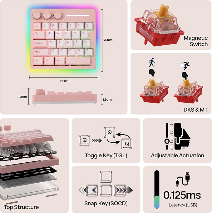 KiiBoom Cybrix 29 Rapid Fast Wired Gaming Keyboard 8Khz Polling Aluminum &amp Acrylic One Handed Keyboard 3 Programmable Knobs Magnetic Switch Adjustable Actuation RGB Backlits FR4 Plate (Pink