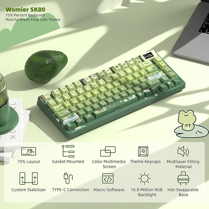 Womier SK80 75% Keyboard with Color Multimedia Display Mechanical Gaming Keyboard Cute Green Frog Wired Hot Swappable Gasket Mount RGB Custom Key Board Pre-lubed Stabilizer for Mac/Win Green