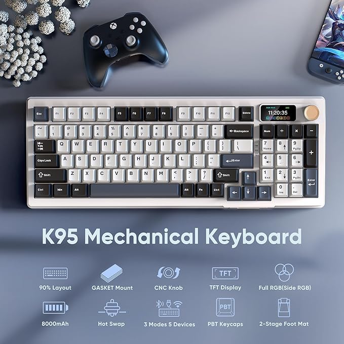 RedThunder K95 Wireless Mechanical Keyboard TFT Screen &amp Knob Tri-Mode BT5.0/2.4GHz/USB-C Hot Swappable Custom Pre-lubed Linear Switches Gasket Structure RGB Gaming Keyboard Snowy White-Blue
