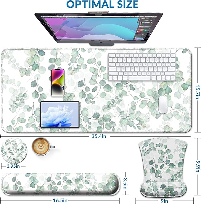 Desk Mat Set + Keyboard and Mouse Pad with Wrist Rest Support4-in-1 Large Mousepad Computer Mats for Desktop Home &amp Office -Eucalyptus