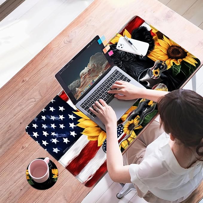 Mouse PadLarge Desk Mat Set 4in1 XL Mousepad + Keyboard Wrist Rest+Mouse Wrist Rest+Coaster with Ergonomic Desk Pad for Home Office Table Computer Cover -American Flag Black Cow
