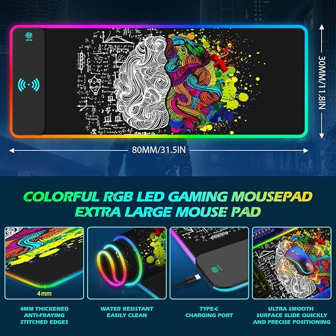 ToLuLu RGB Gaming Wireless Charging Mouse Pad 7.5/10/15W 10 Light Modes LED Mouse Pad Computer Keyboard Mat Mousepad 800x300x4MM Extended Large Desk Mat for Gaming MacBook Laptop PC Human Brain