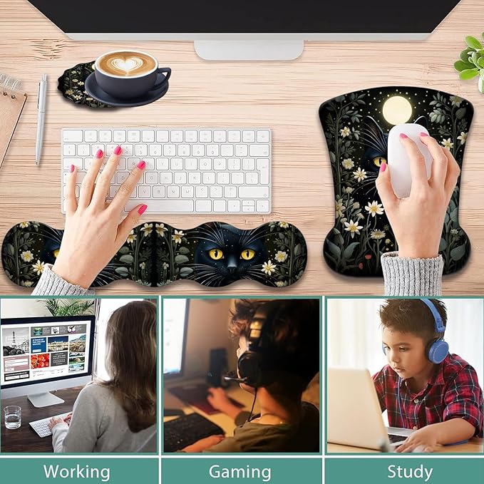 Ergonomic Keyboard Wrist Support Pad and Wrist Support Mouse Pad Anti-Slip with Gel Memory Mouse Pad Set Suitable for Office Use/Home Use - Cat Moon