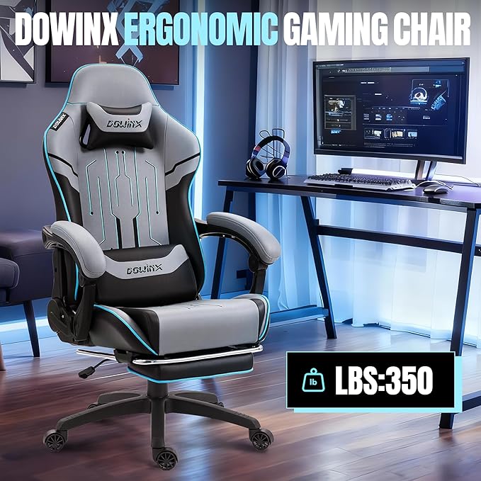 Dowinx Gaming Chair Big and Tall 350LBS Heavy Duty PC Gaming Chair with Massage &amp Footrest Ergonomic Reclining Gamer Chair with Embroidered Esports Design Grey