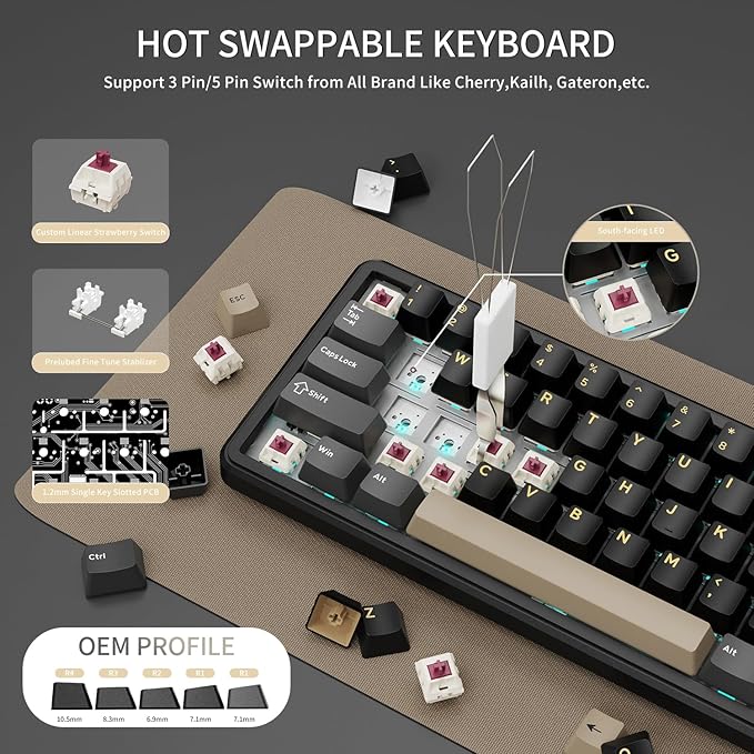ATTACK SHARK X66 Wireless Mechanical Gaming Keyboard with KnobTri Mode USB-C/BT5.0/2.4G Gasket Mounted 60% RGB Gaming Keyboard 66KeysPBT Keycap Hot Swappable Custom Strawberry Switch(Star Black)