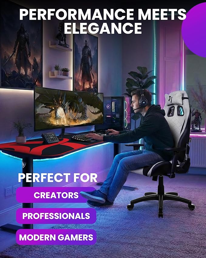 Arozzi Avanti Gaming Chair - Soft Fabric Ergonomic Gaming Chairs for Adults - Adjustable Height Backrest &amp Armrest with Head Pillow - Home Office Setup Professional Computer Chairs Light Grey