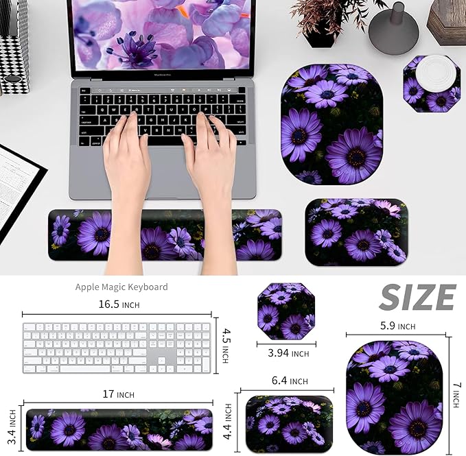 Keyboard Wrist Rest and Mouse Pad Set Keyboard Wrist Support + Small Mouse Pad + Elbow Arm Rest Pad + Coaster Ergonomic Memory Foam Wrist Rest for Computer Keyboard Purple Daisy Flowers