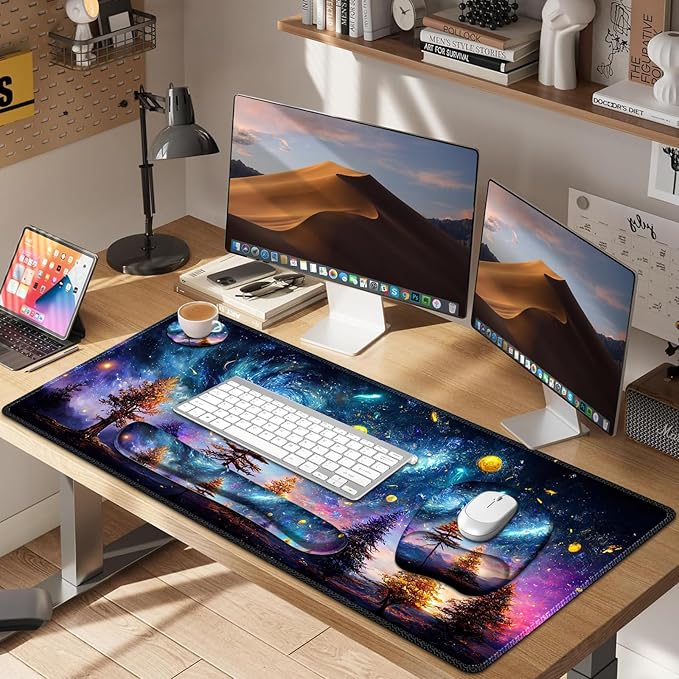 4 in 1 Large Mouse Pad Keyboard Wrist Rest Set Ergonomic Non-slip Waterproof Colorful World