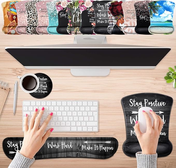Keyboard Wrist Rest Pad and Ergonomic Mouse Pad Wrist Support Set Stay Positive Work Hard and Make It Happen for GamingOffice Comfortable and Pain Relief with Coaster Set