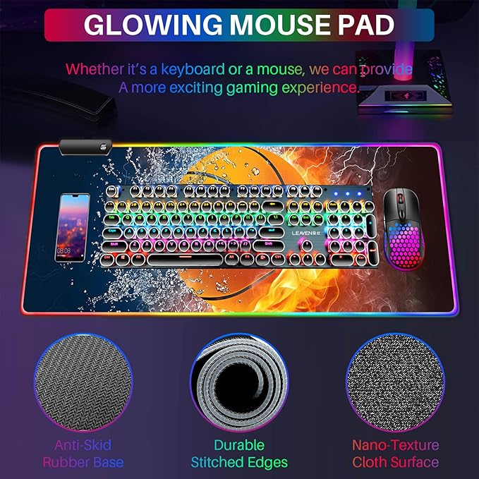 XL RGB Gaming Mouse Pad with 14 Light Modes - Light Up Gamer Mouse Pad31.5 x 11.8in Non-Slip Basketball Style Led Large Gamer Mousepad Black Long Glowing Gaming Accessories for Desk Waterproof