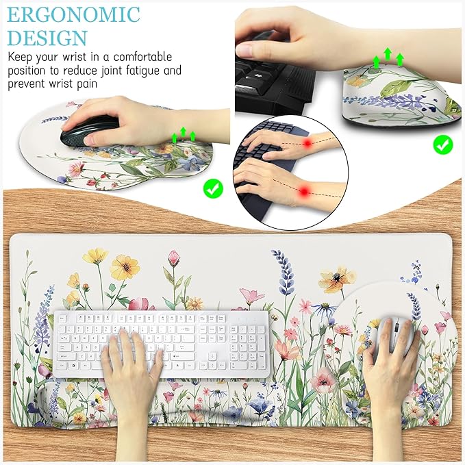 Flower Mouse Pad Set Large Desk Matt for Desktop Ergonomic Mouse Pad with Wrist Rest Gaming Wrist Support Keyboard Mat Cup Coaster Set Cute Office Desk Decor Accessories