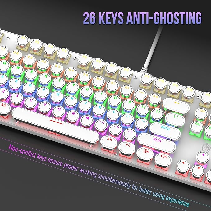 Typewriter Mechanical Gaming Keyboard with Rainbow Light Backlit Red Switches 104 Keys Retro Round Keycap Wired Typewriter Style Comfortable Typing Soud (White LED)