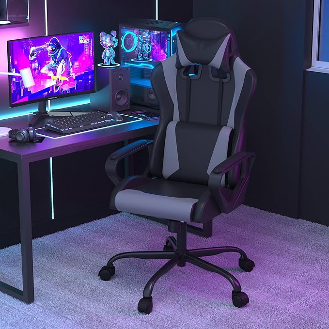 Gaming ChairSwivel Rolling Gaming Chair for AdultsErgonomic PC Gaming Chair GreyHeight Adjustable Computer ChairPU Leather Computer Chair with Headrest and Lumbar Support