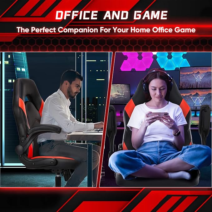DUMOS Computer Gaming Home Office Chair - Ergonomic Big and Tall Desk with PU Leather Lumbar Support Height Adjustable High Back Video Game with Flip-up Armrest Swivel Wheels for Adults and Teens
