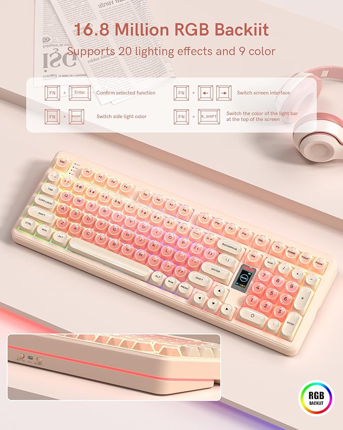 Keymatic Foundation Mechanical Keyboard98% Pink Creamy Keyboard Gaming Keyboard3 Mode with Multimedia ScreenRGB BacklitJelly MOA Profile keycaps for Win/MacPink