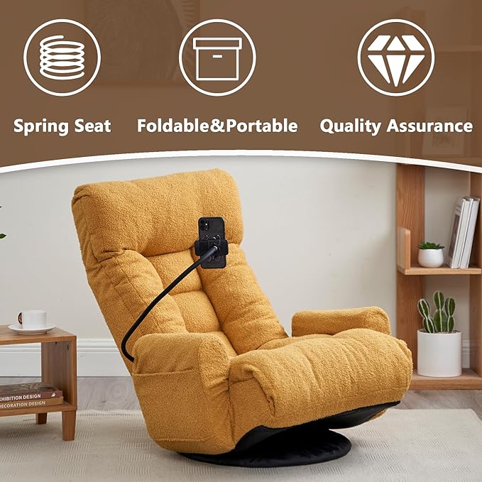 Swivel Gaming Floor Chair with Phone Holder &amp Arm Comfy Reading Chair with Side Pocket for Adults Upholstered Floor Chair with Adjustable Back for Bedroom Living Room (Yellow)