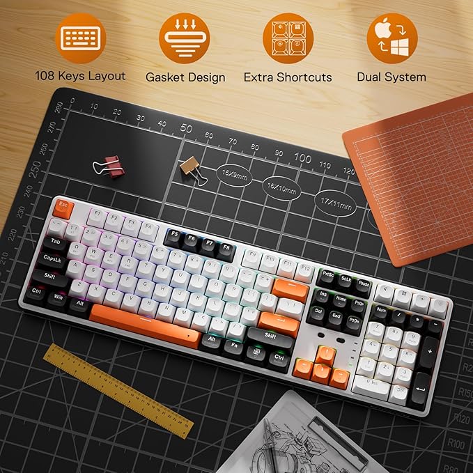 Redragon K689 PRO Wireless Gasket RGB Gaming Keyboard 108 Keys Mechanical Keyboard w/Extra 4 Hotkeys Upgraded Hot-swappable Socket 3-Layer Noise Dampening Round PBT Keycaps Custom Linear Switch
