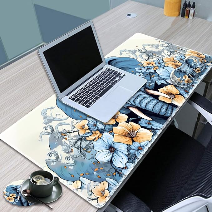 Large Game Mouse Pad + Wrist Support Pad + Coffee Coaster Desk Pad with Sewn Edges Anti-Slip Set pad Suitable for Office Work and Home - Elephant Blue Flowery