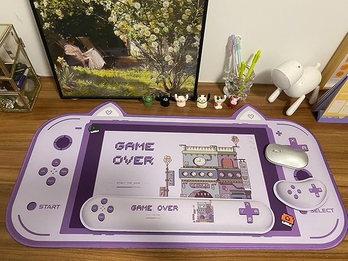 4-in-1 Large Gaming Mouse Pad Keyboard Wrist Rest Pad &amp Wrist Support Mousepad SetPastel Game Over Mousepad Cute Extended Desk Pad Waterproof Desk Mat for Home Office Study Game-Purple