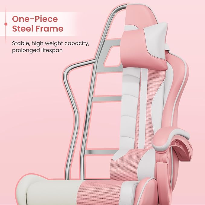 Yaheetech Gaming Chair Video Game Chair with Massage Lumbar Support and Footrest Height Adjustable Ergonomic Computer Chair with Swivel Seat and Headrest Pink/White