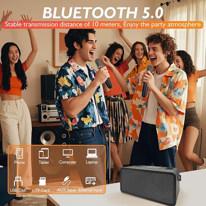 Karaoke Machine for Adults &amp Kids Portable Bluetooth Speaker with 2 Wireless Karaoke Microphones PA System with Echo Adjustment Support Bass/FM/USB/TF for Home Party