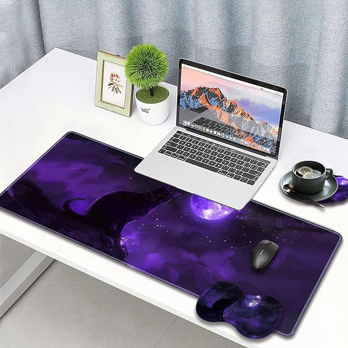 Large Gaming Mouse Pad + Wrist Rest + Lace Coaster Non-Slip Set with Sewn Edges and Waterproof Expandable Desktop Pad Suitable for Office/Home Black Cat and Purple Moon