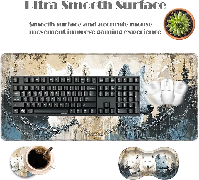 Ergonomic Keyboard Wrist Rest &amp Mouse Pad Wrist Rest SetXL Gaming Desk Mat 31.5x 11.8Non-Slip BaseMemory FoamEasy Typing Pain Relief for Office &amp HomeWolves Metal Chain Winter