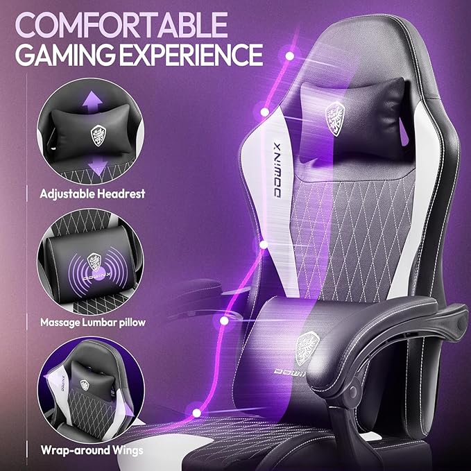 Dowinx Gaming Chair with Massage Lumbar Support and Footrest Video Game Chair for Adults Adjustable Ergonomic Gamer Chairs High Back with Pocket Spring Cushion Swivel Recliner with Headrest White