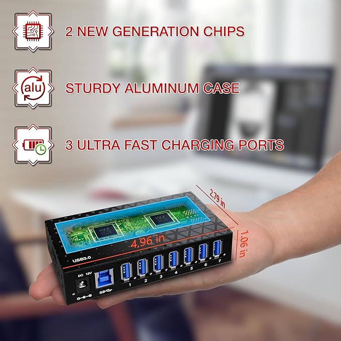 7 Port USB 3.0 Hub - Powered USB Hub –Multiple USB Splitter with Built-in 12V/3A/36W Power Adapter - Up to 5Gbps Sync &amp High-Speed Data Transfer - Mounting Brackets for Phone MB Laptop Tablet PC
