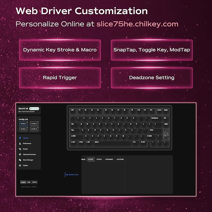 Mechanical Keyboard Chilkey Slice75 HE Gaming Keyboard Wired 75% Hall Effect Magnetic Aluminum Keyboard with WS Flux HE Clacky Switch Rapid Trigger 8K Polling Per-Key RGB Custom PC/Mac Support