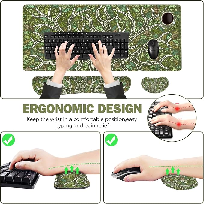 ToLuLu Desk Mat Gaming Mouse Pad Wrist Support 4 in1 Set XXL Large Mouse Pad + Keyboard Wrist Rest + Memory Foam Cushion Mouse Wrist Rest for Pain Relieve + Coaster Table Computer PC Green Leaves