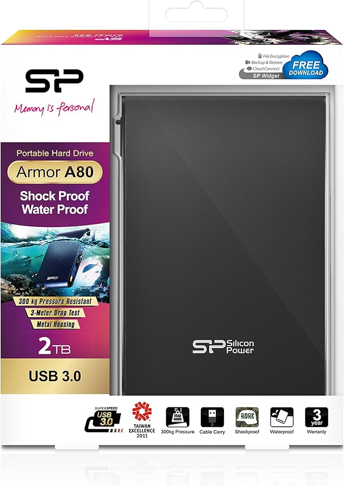 SP Silicon Power Portable Hard Drive 2TB 2.5 USB 3.0/2.0 Shockproof Waterproof Armor A80 Black SP020TBPHDA80S3K