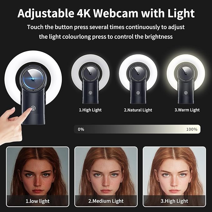 4K Webcam with Light Web Cam with Speaker Dual Noise Reduction Plug and Play Web Camera for Desktop Computer Auto-Focus Privacy Protection Webcam for PC Zoom Skype