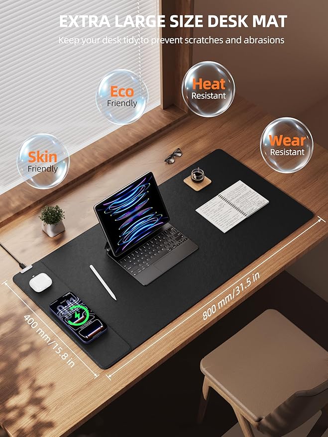 TopMade Mouse Pad with 15W Wireless Charging XXL Large Leather Desk Mat Waterproof Gaming Mousepad Home Office Desk Pad Protector Computer Keyboard Pad Mouse Mat for MacBook PC Laptop Black