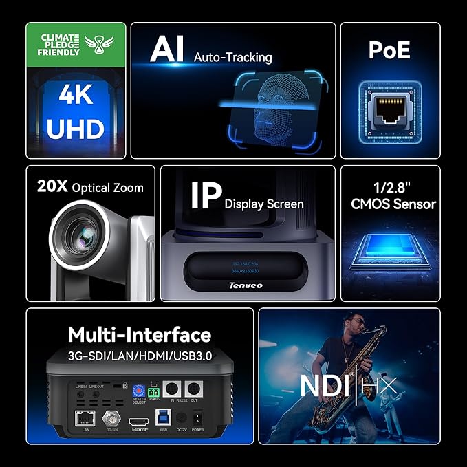Tenveo 4K NDI PTZ Camera AI Auto-Tracking 20X Optical Zoom 3G-SDI USB3.0 HDMI LAN PoE IP Live Streaming for Church Worship Events Broadcast Video Conference YouTube OBS vMix Zoom Teams