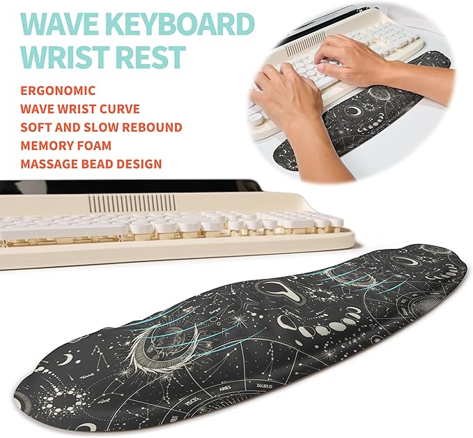 2-in-1 Ergonomic Set Wave Rise Keyboard Wrist Rest and Massage Bulge Slope Mouse Pad Wrist Support Cushion Memory Foam Integrated to Relieve Wrist Pain Constellation