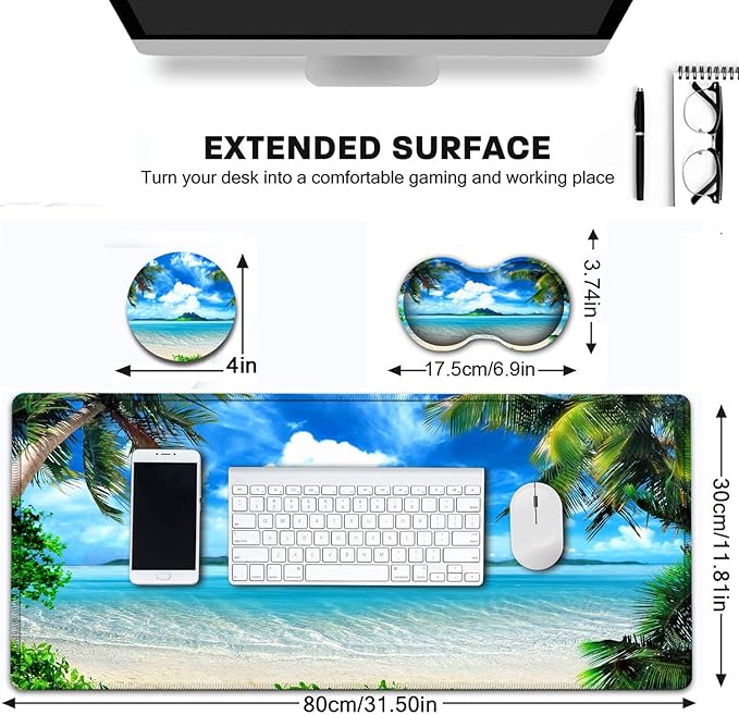Desk Pad Extended Large Mouse Pad with Stitched Edges (31.5X11.8In) Ergonomic Mouse Wrist Rest Waterproof Computer Keyboard Mouse Mat Coconut Trees on Sands Beach Seascape XXL Gaming Mouse Pad