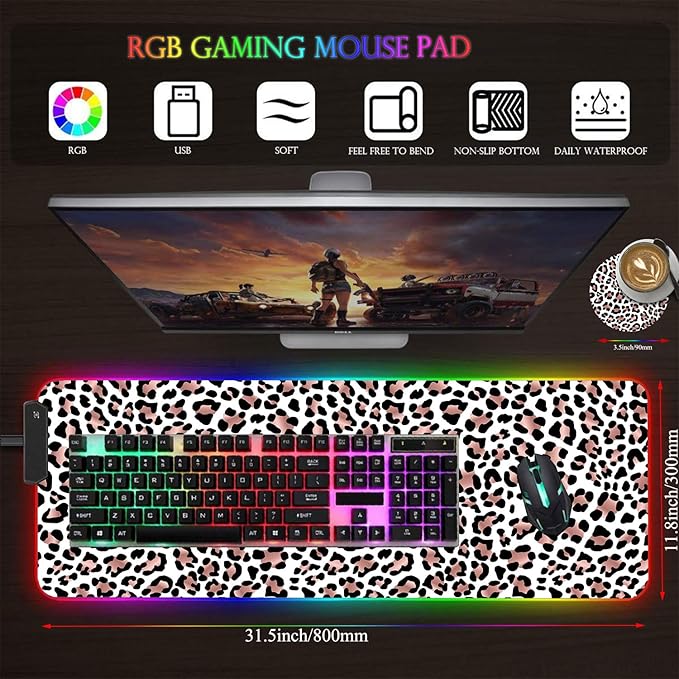 Customized RGB Gaming Mouse Pad and Coffee CoasterLarge Glowing Led Anti-Slip Rubber Base Computer Keyboard Desk Mouse Mat 31.4x11.8 InchLeopard Print
