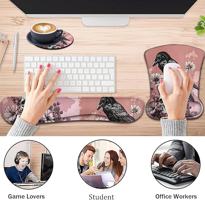 Keyboard Wrist Support + Wrist Mousepad + Coaster Combination Non-Slip PU Base with Gel Memory Mousepad Suitable for Gaming Office Pain Relief Mousepad Set - Crow Skull