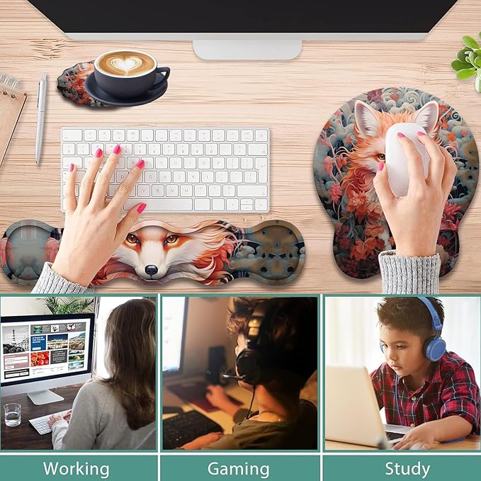 Ergonomic Keyboard Wrist Support Pad and Wrist Support Mouse Pad Anti-Slip with Gel Memory Mouse Pad Set Suitable for Office Use/Home Use - Fox