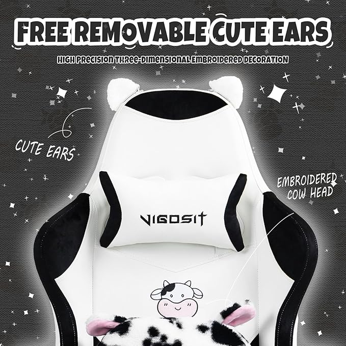 Black and White Cow Gaming Chair with Footrest Ergonomic Cute Gamer Chair for Girls Comfortable Computer Desk Chair for Adults Teens