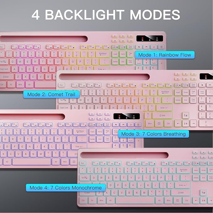 Wireless Keyboard with 7-Color RGB Backlit Full-Size Computer Keyboard with Phone Tablet Holder 2.4G Rechargeable Gaming Keyboard with Light Up Keys Compatible with Mac Windows (Pink)