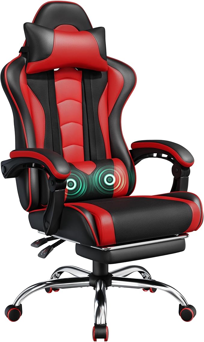 Yaheetech Gaming Chair Video Game Chair with Massage Lumbar Support and Footrest Height Adjustable Ergonomic Computer Chair with Swivel Seat and Headrest Black/Red