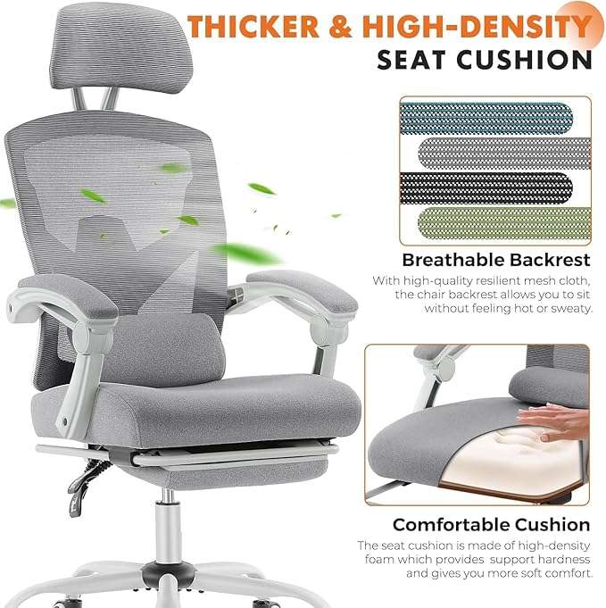 Ergonomic Office Chair with Footrest Comfortable Desk Chair Gaming Chair with Leg Rest Swivel Mesh Desk Chair with Headrest and Lumbar Support for Home Office Work Study Grey
