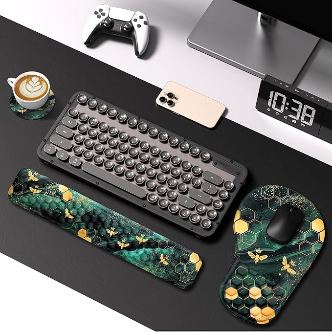 EYROZILL 3 in 1 Ergonomic Mousepad and Keyboard Wrist Rest Mouse Pad with Wrist Support Massage Design Keyboard Wrist Rest and Mouse Pad Set for Home Office (Green Bee)