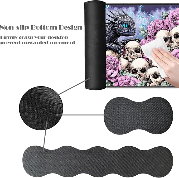 Ergonomic Keyboard Wrist Rest &amp Mouse Pad Wrist Rest SetXL Gaming Desk Mat 31.5x 11.8Non-Slip BaseMemory FoamEasy Typing Pain Relief for Office &amp HomeDragon with Roses Skulls