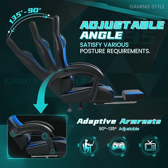 Gaming Chair with RGB Computer Gaming Chairs with LED Lights and Footrest for Home Office Blue and Black